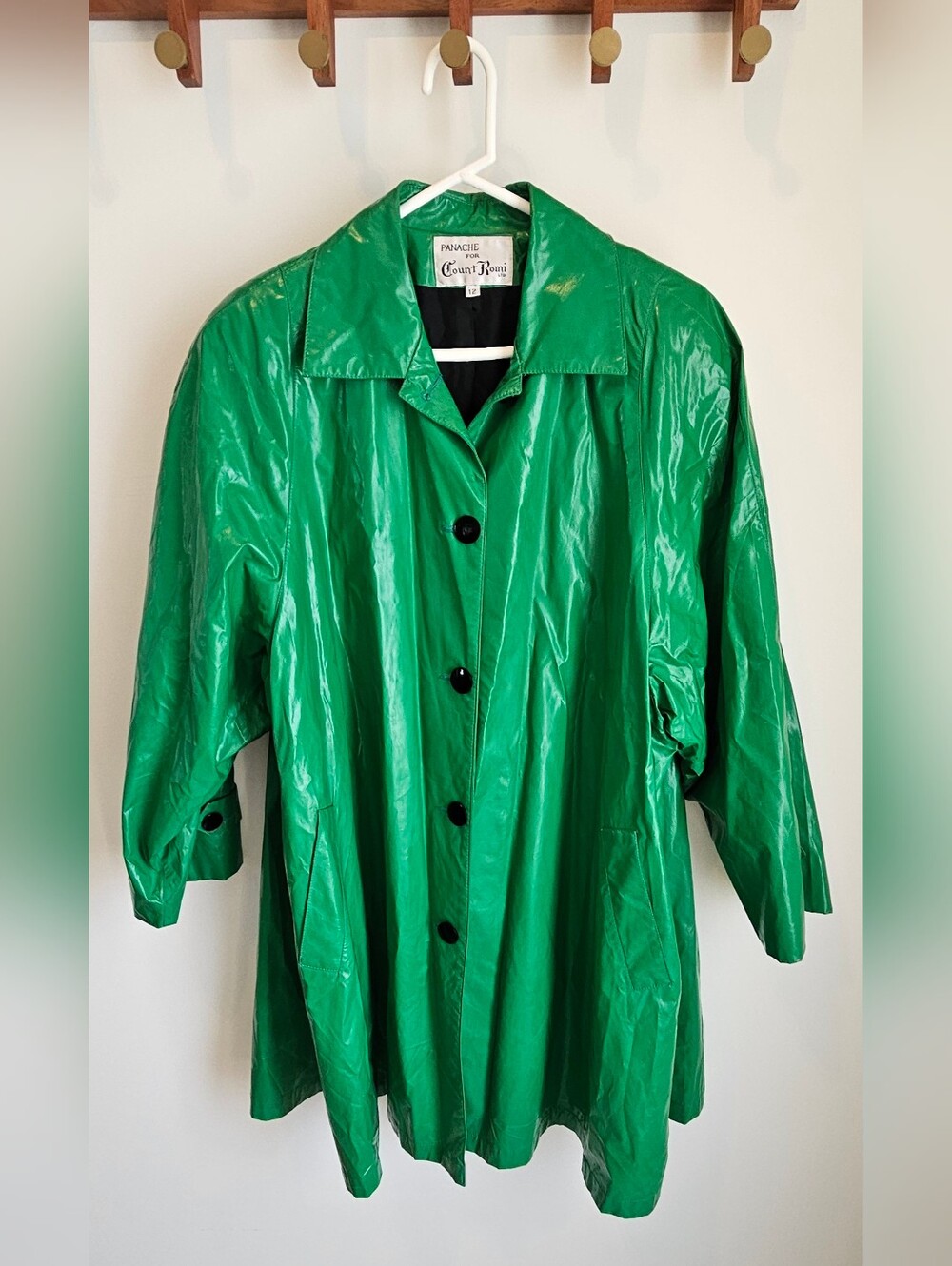 Vintage Panache for Count Romi Green Glossy Raincoat Jacket Size 12